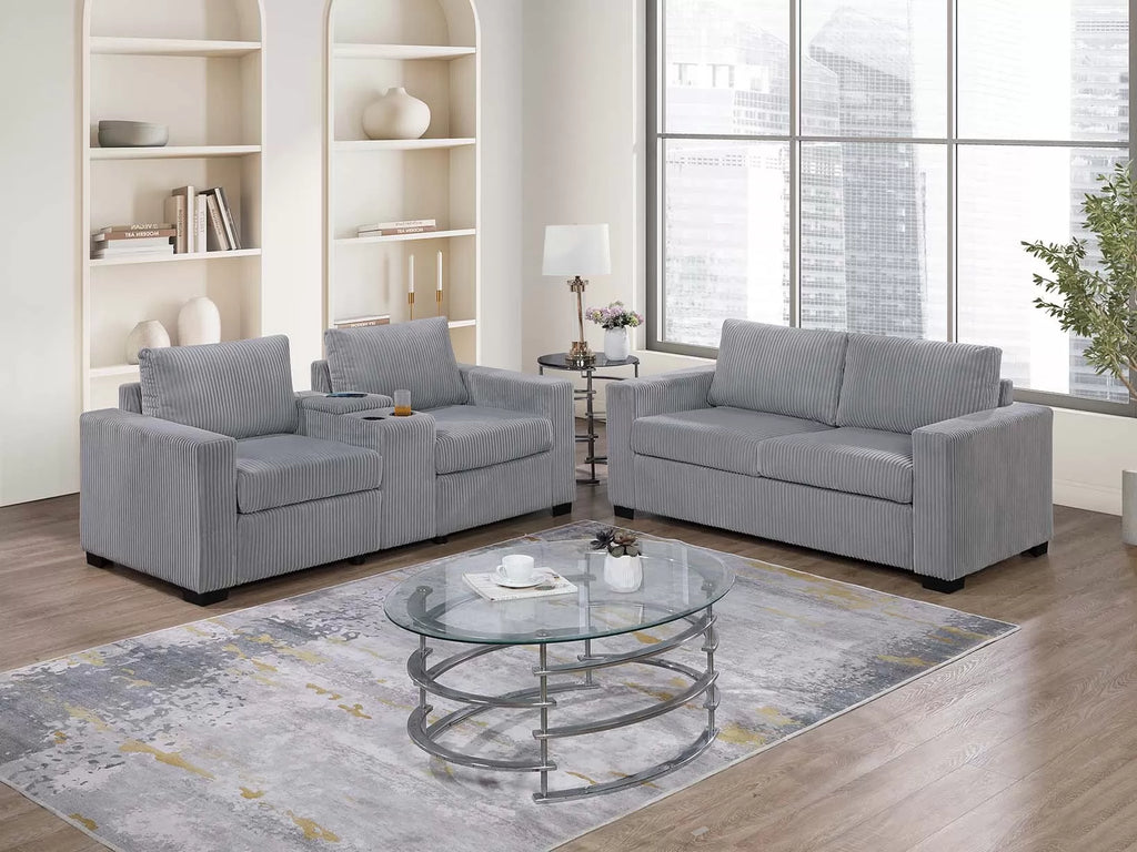 2-Piece Sofa Set – Sofa + Loveseat + Cup Holders + Console + Charging Station – Light Gray (F8460)