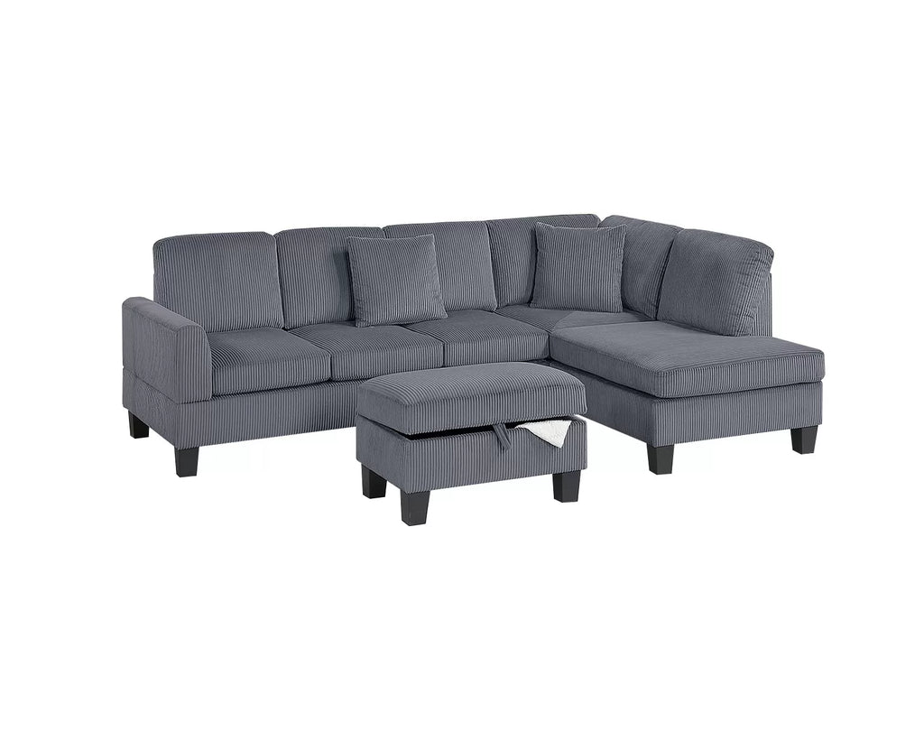 3-Piece Sectional Set W/ Ottoman – RAF Chaise + LAF Sofa + Storage Ottoman – Dark Gray (F8473)