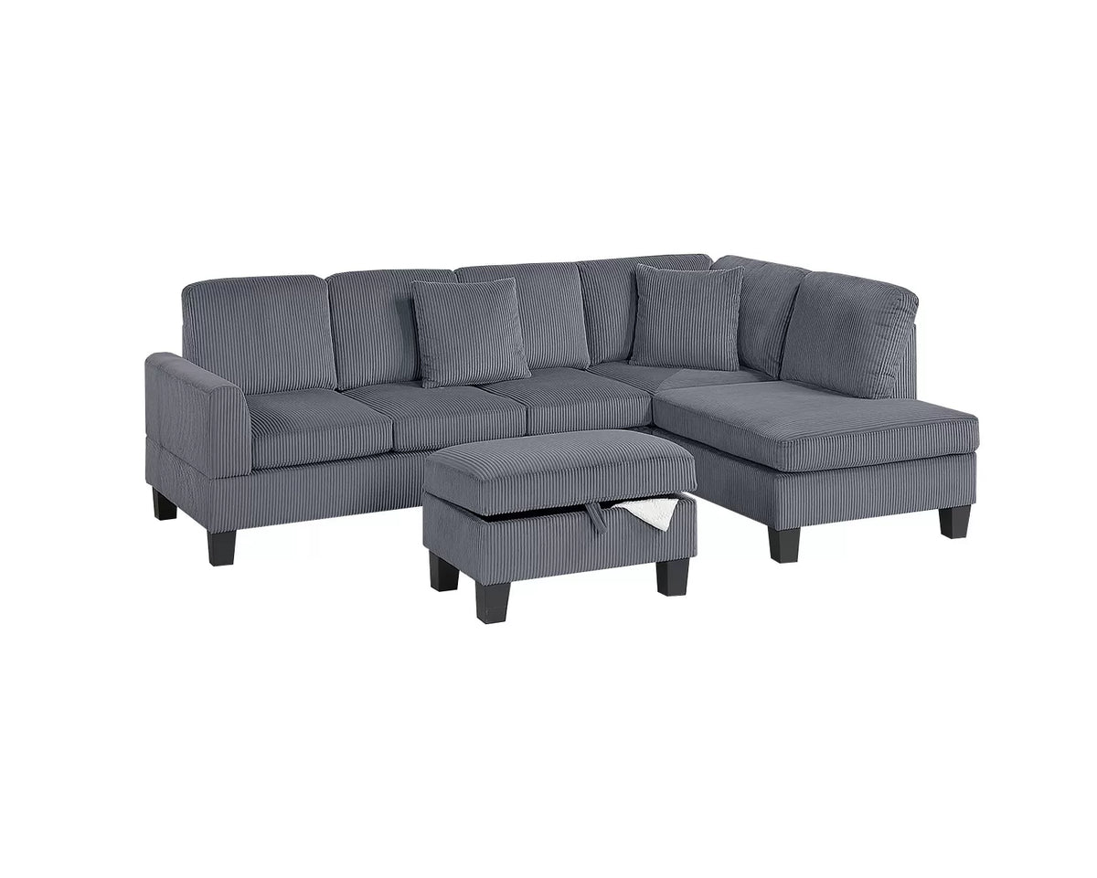 3-Piece Sectional Set W/ Ottoman – RAF Chaise + LAF Sofa + Storage Ottoman – Dark Gray (F8473)