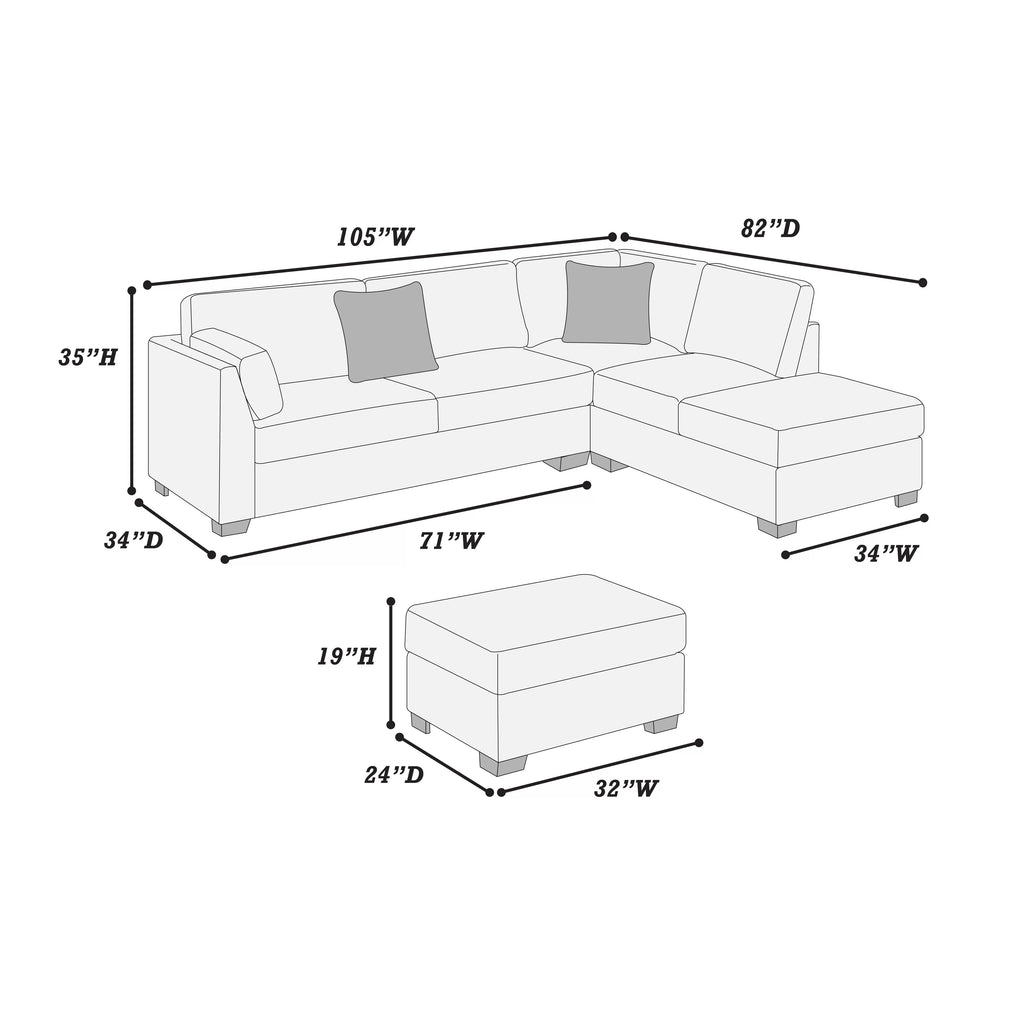 3-Piece Reversible Sectional Set W/ Ottoman – Reversible Chaise + Sofa + Cocktail Ottoman – Dark Gray (F8477)