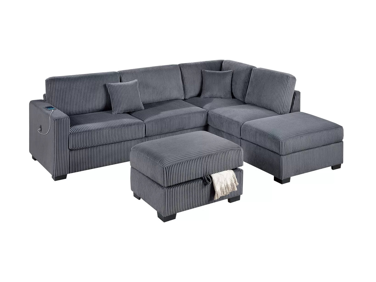 3-Piece Reversible Sectional Set W/ Ottoman – Reversible Chaise + Sofa W/USB + Storage Ottoman – Dark Gray (F8481)