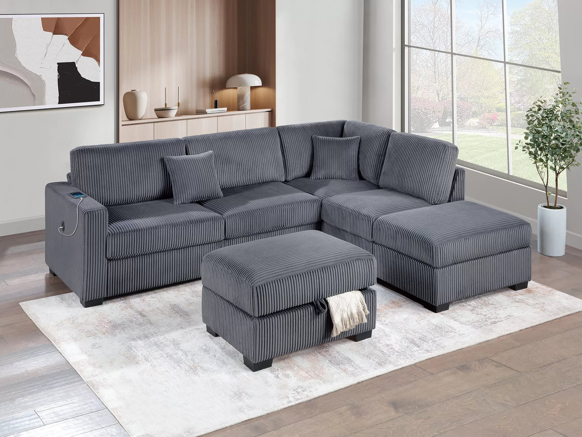 3-Piece Reversible Sectional Set W/ Ottoman – Reversible Chaise + Sofa W/USB + Storage Ottoman – Dark Gray (F8481)