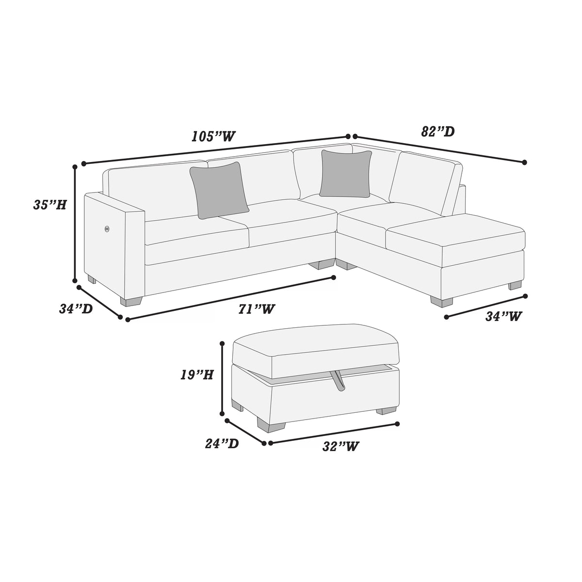 3-Piece Reversible Sectional Set W/ Ottoman – Reversible Chaise + Sofa W/USB + Storage Ottoman – Camel (F8482)