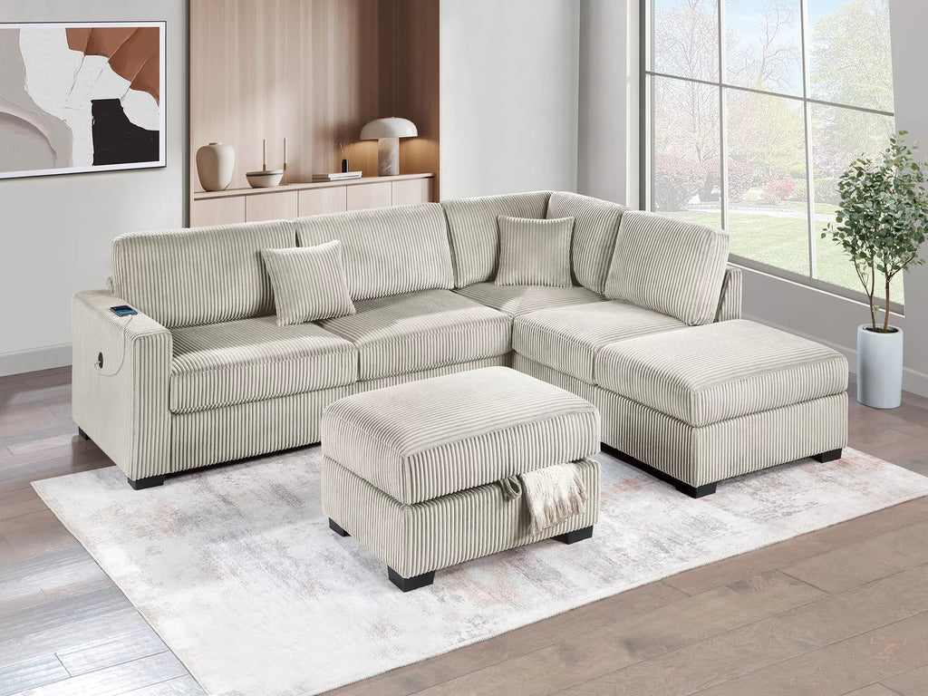 3-Piece Reversible Sectional Set W/ Ottoman – Reversible Chaise + Sofa W/USB + Storage Ottoman – Camel (F8482)