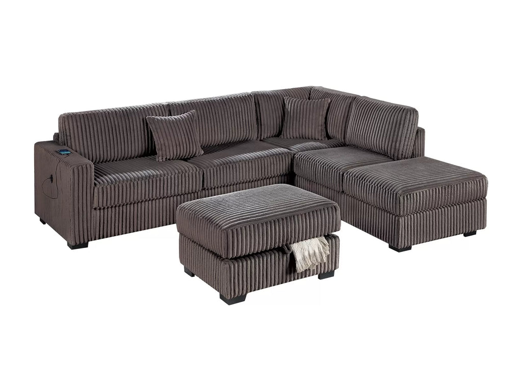 3-Piece Reversible Sectional Set W/ Ottoman – Reversible Chaise + Sofa W/USB + Storage Ottoman – Chocolate (F8483)