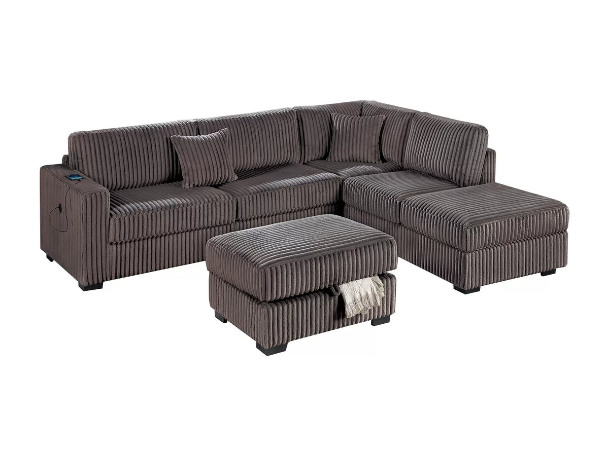 3-Piece Reversible Sectional Set W/ Ottoman – Reversible Chaise + Sofa W/USB + Storage Ottoman – Chocolate (F8483)