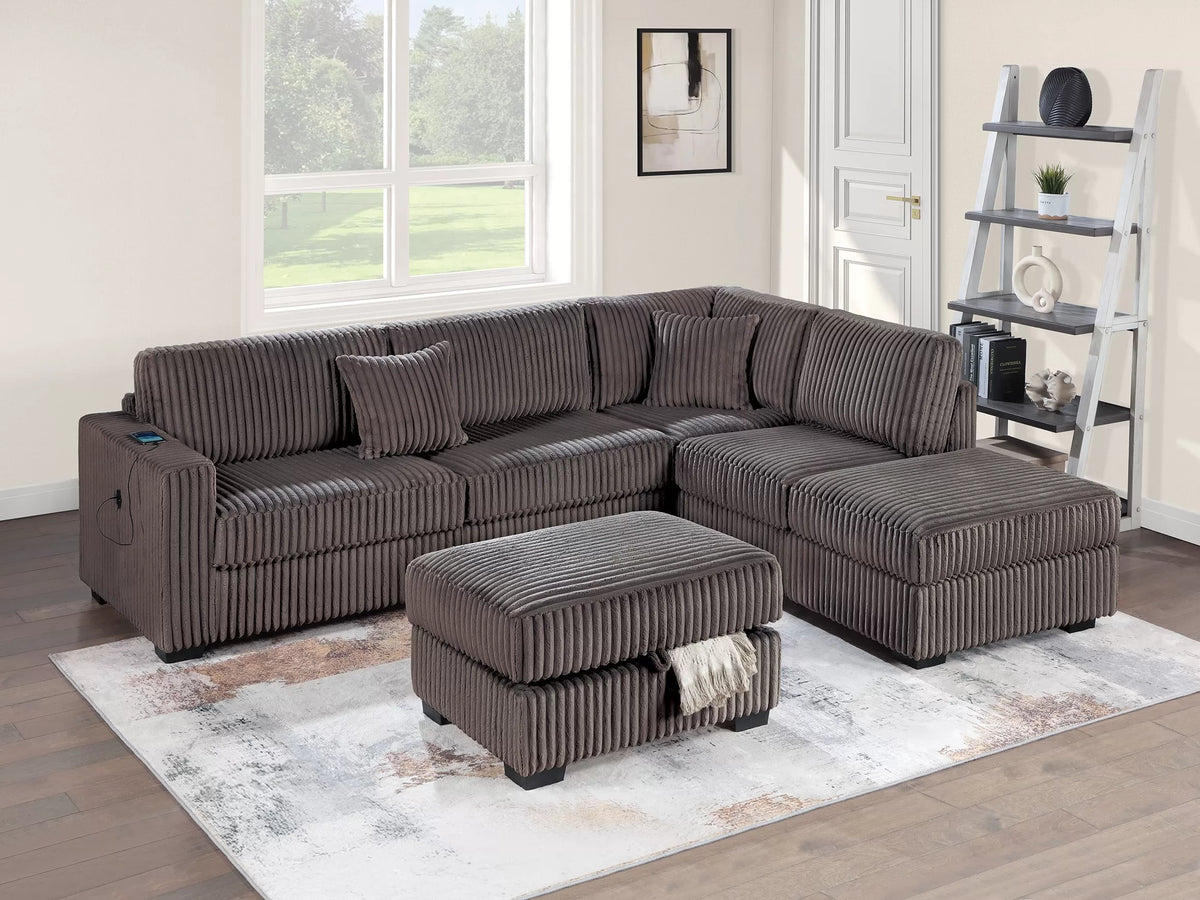 3-Piece Reversible Sectional Set W/ Ottoman – Reversible Chaise + Sofa W/USB + Storage Ottoman – Chocolate (F8483)