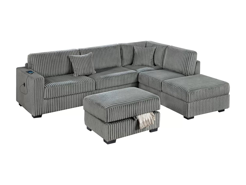 3-Piece Reversible Sectional Set W/ Ottoman – Reversible Chaise + Sofa W/USB + Storage Ottoman – Smoke (F8484)