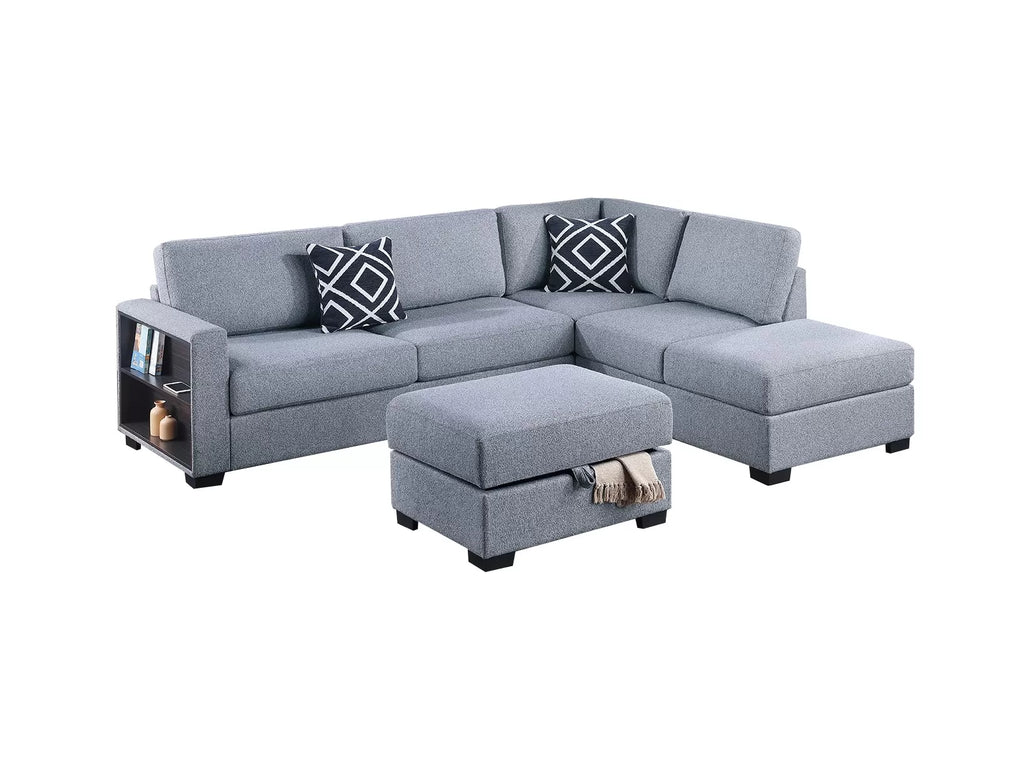3-Piece Reversible Sectional Set W/ Ottoman – Reversible Chaise + Sofa W/ Built-In Shelf + Storage Ottoman – Gray (F8487)
