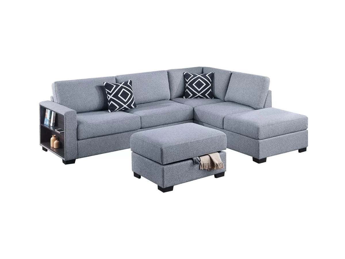 3-Piece Reversible Sectional Set W/ Ottoman – Reversible Chaise + Sofa W/ Built-In Shelf + Storage Ottoman – Gray (F8487)