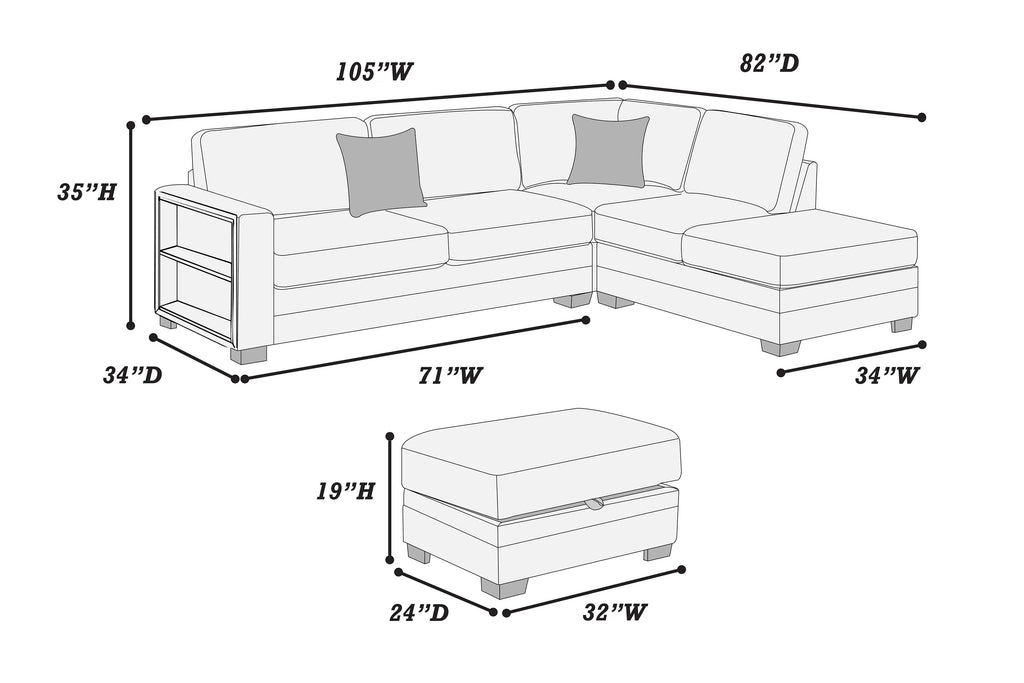 3-Piece Reversible Sectional Set W/ Ottoman – Reversible Chaise + Sofa W/ Built-In Shelf + Storage Ottoman – Gray (F8487)