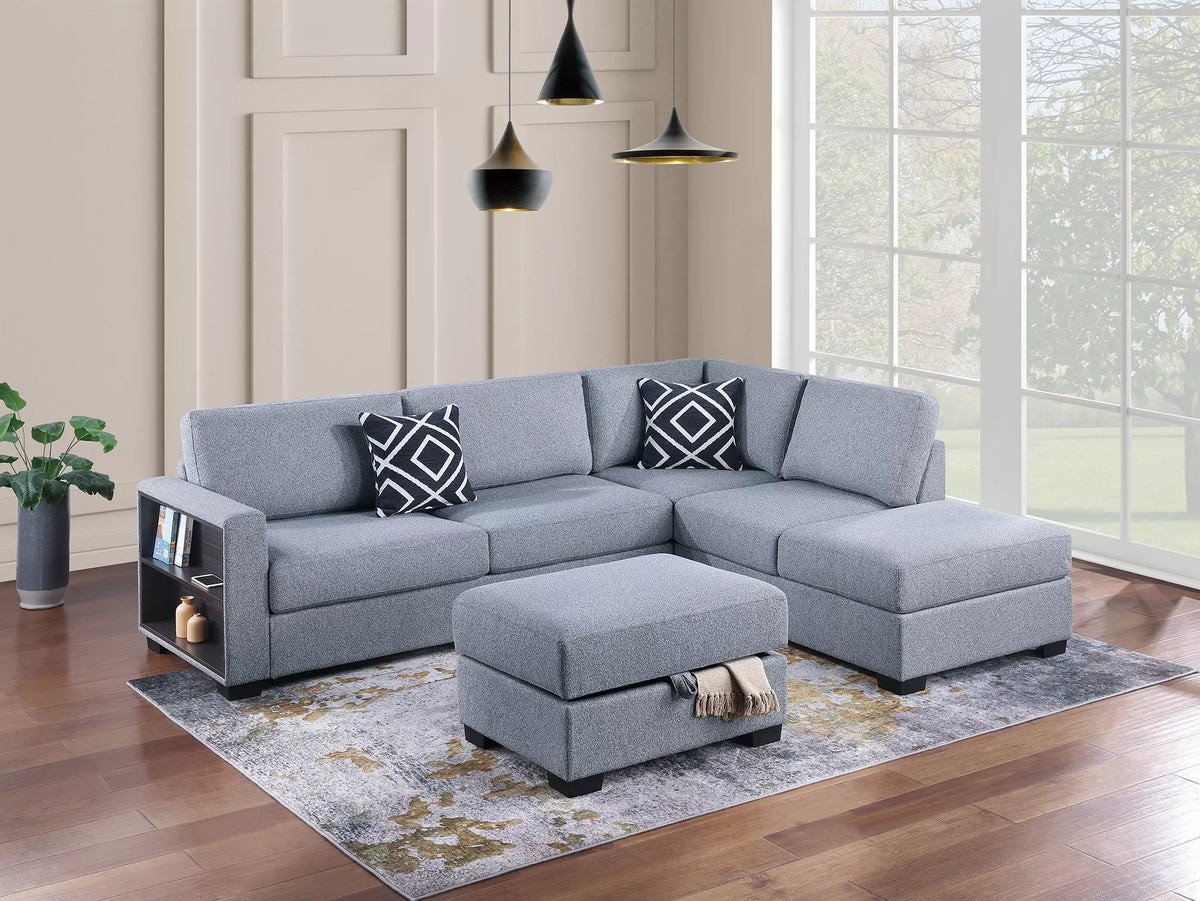3-Piece Reversible Sectional Set W/ Ottoman – Reversible Chaise + Sofa W/ Built-In Shelf + Storage Ottoman – Gray (F8487)