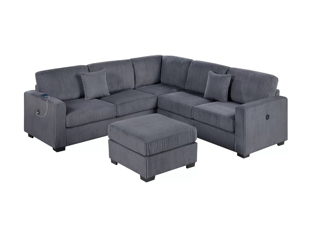 4-Piece Sectional Set W/ Ottoman – RAF/LAF One-Arm Loveseat W/USB + Corner Wedge + Cocktail Ottoman – Dark Gray (F8489)
