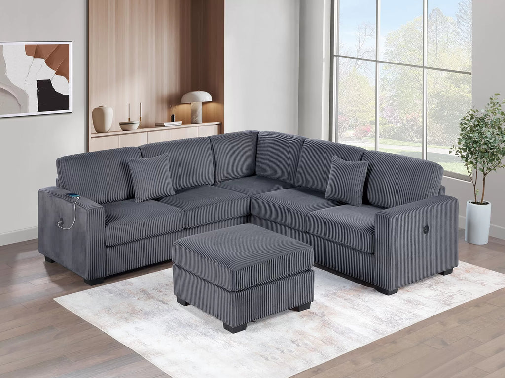 4-Piece Sectional Set W/ Ottoman – RAF/LAF One-Arm Loveseat W/USB + Corner Wedge + Cocktail Ottoman – Dark Gray (F8489)