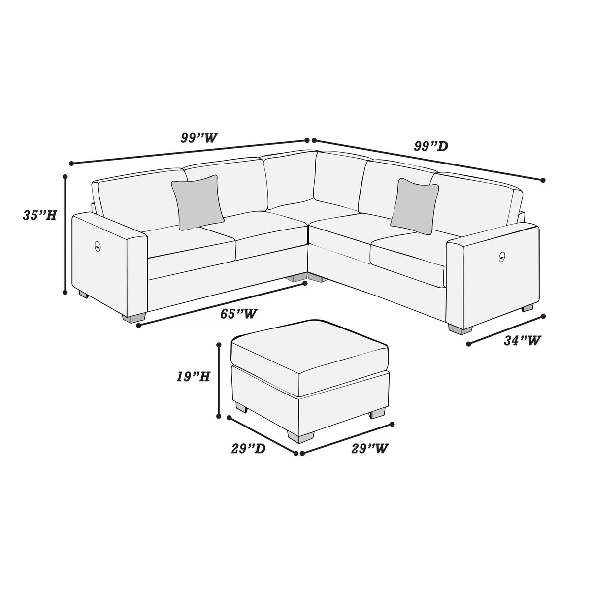 4-Piece Sectional Set W/ Ottoman – RAF/LAF One-Arm Loveseat W/USB + Corner Wedge + Cocktail Ottoman – Camel (F8490)