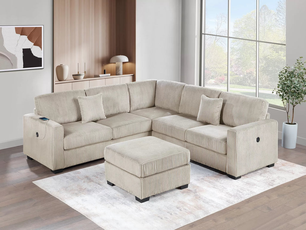 4-Piece Sectional Set W/ Ottoman – RAF/LAF One-Arm Loveseat W/USB + Corner Wedge + Cocktail Ottoman – Camel (F8490)