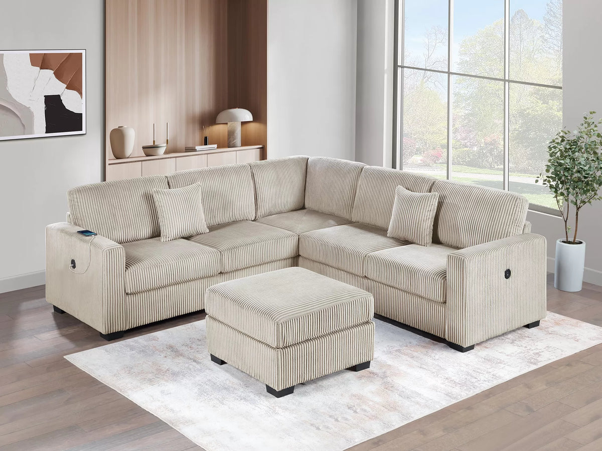 4-Piece Sectional Set W/ Ottoman – RAF/LAF One-Arm Loveseat W/USB + Corner Wedge + Cocktail Ottoman – Camel (F8490)