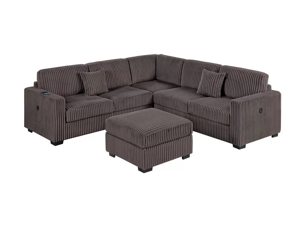 4-Piece Sectional Set W/ Ottoman – RAF/LAF One-Arm Loveseat W/USB + Corner Wedge + Cocktail Ottoman – Chocolate (F8491)