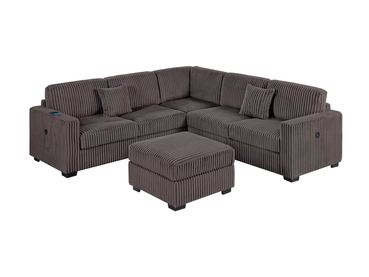 4-Piece Sectional Set W/ Ottoman – RAF/LAF One-Arm Loveseat W/USB + Corner Wedge + Cocktail Ottoman – Chocolate (F8491)