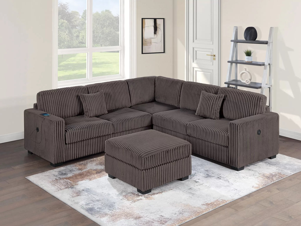 4-Piece Sectional Set W/ Ottoman – RAF/LAF One-Arm Loveseat W/USB + Corner Wedge + Cocktail Ottoman – Chocolate (F8491)