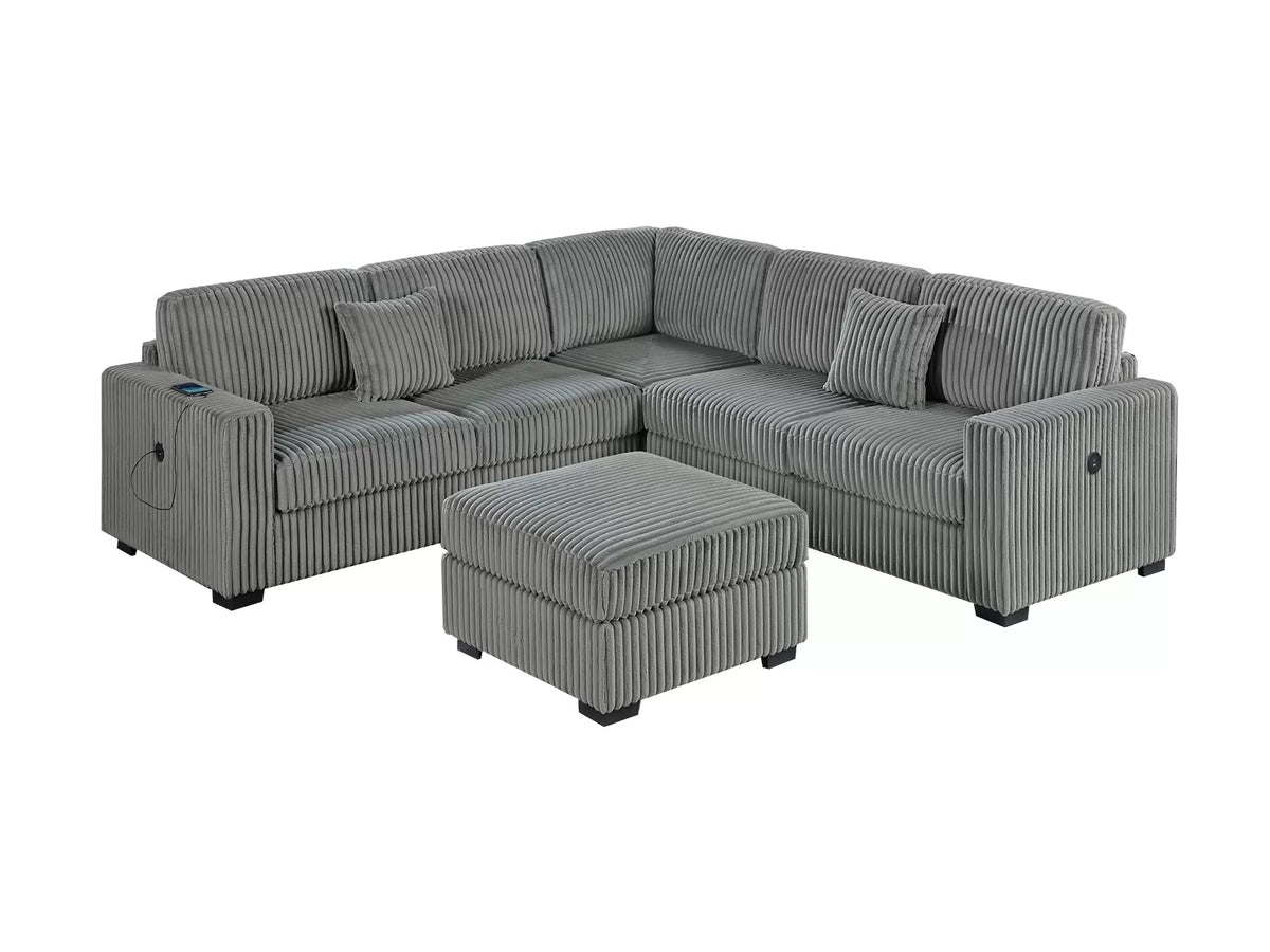 4-Piece Sectional Set W/ Ottoman – RAF/LAF One-Arm Loveseat W/USB + Corner Wedge + Cocktail Ottoman – Smoke (F8492)