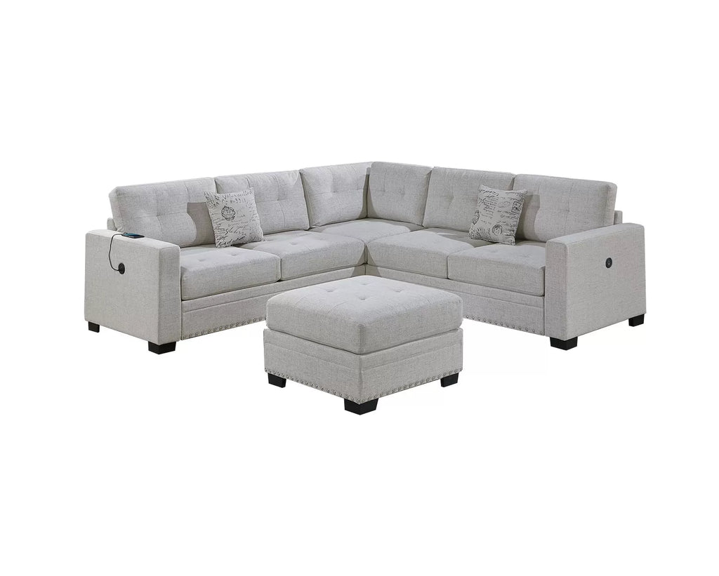 4-Piece Sectional Set W/ Ottoman – RAF/LAF One-Arm Loveseat W/USB + Corner Wedge + Cocktail Ottoman – Sincere Bone (F8494)