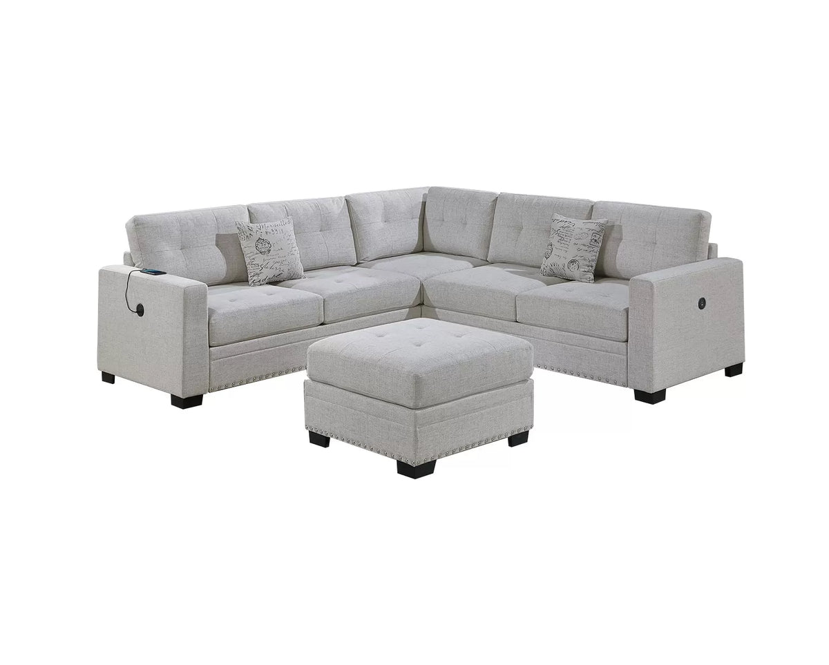 4-Piece Sectional Set W/ Ottoman – RAF/LAF One-Arm Loveseat W/USB + Corner Wedge + Cocktail Ottoman – Sincere Bone (F8494)