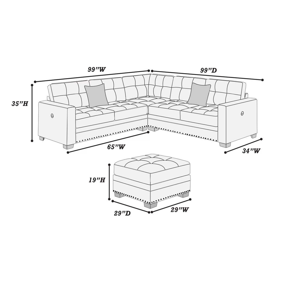 4-Piece Sectional Set W/ Ottoman – RAF/LAF One-Arm Loveseat W/USB + Corner Wedge + Cocktail Ottoman – Sincere Bone (F8494)