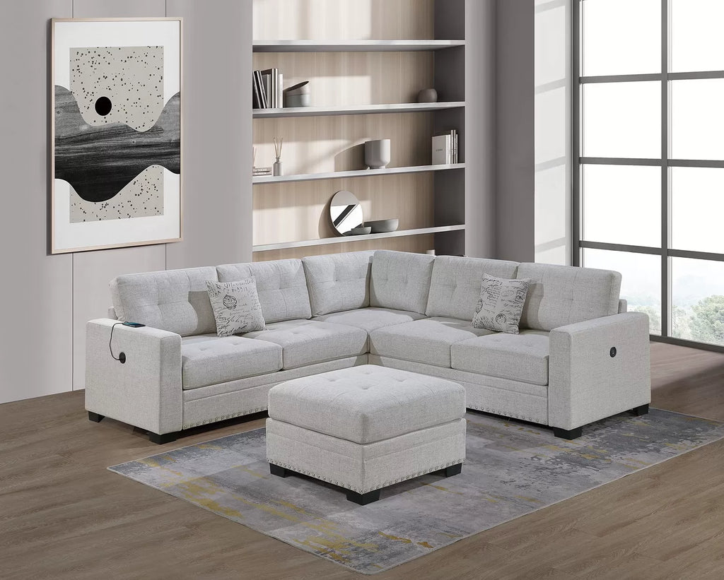 4-Piece Sectional Set W/ Ottoman – RAF/LAF One-Arm Loveseat W/USB + Corner Wedge + Cocktail Ottoman – Sincere Bone (F8494)
