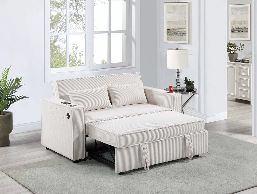 Convertible Sofa – Sleeper Sofa W/ Cup Holders & USB Port – Beige (F8548)