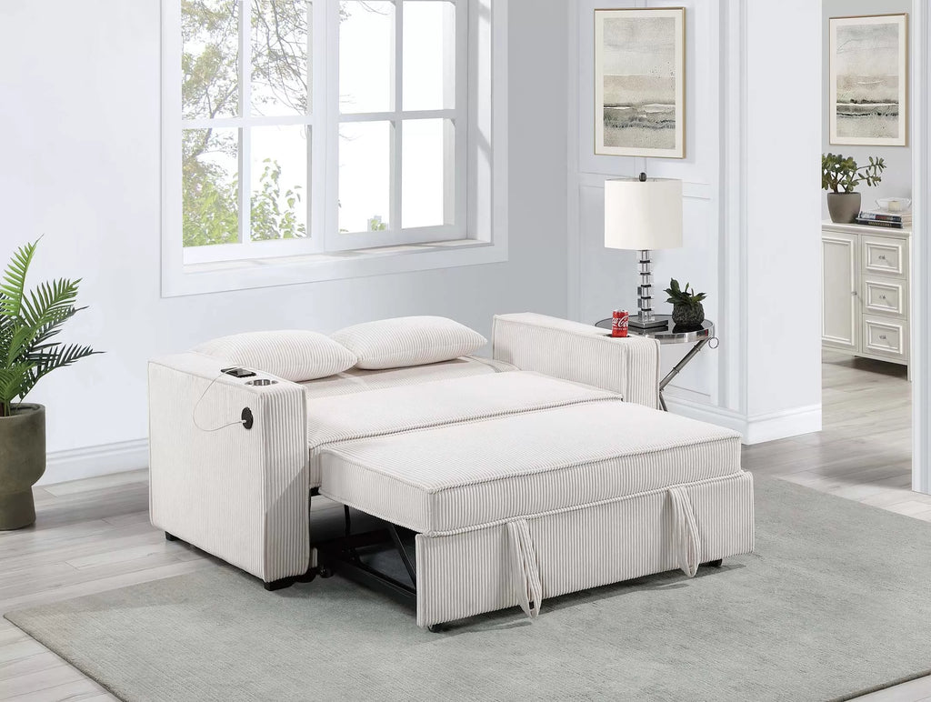 Convertible Sofa – Sleeper Sofa W/ Cup Holders & USB Port – Beige (F8548)