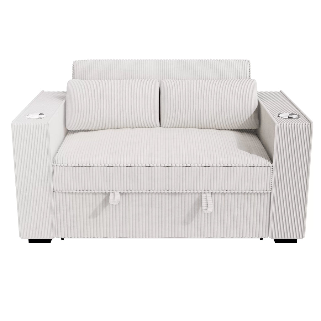 Convertible Sofa – Sleeper Sofa W/ Cup Holders & USB Port – Beige (F8548)