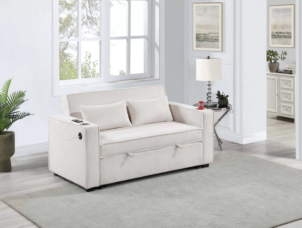 Convertible Sofa – Sleeper Sofa W/ Cup Holders & USB Port – Beige (F8548)
