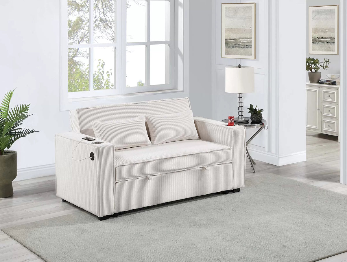 Convertible Sofa – Sleeper Sofa W/ Cup Holders & USB Port – Beige (F8548)