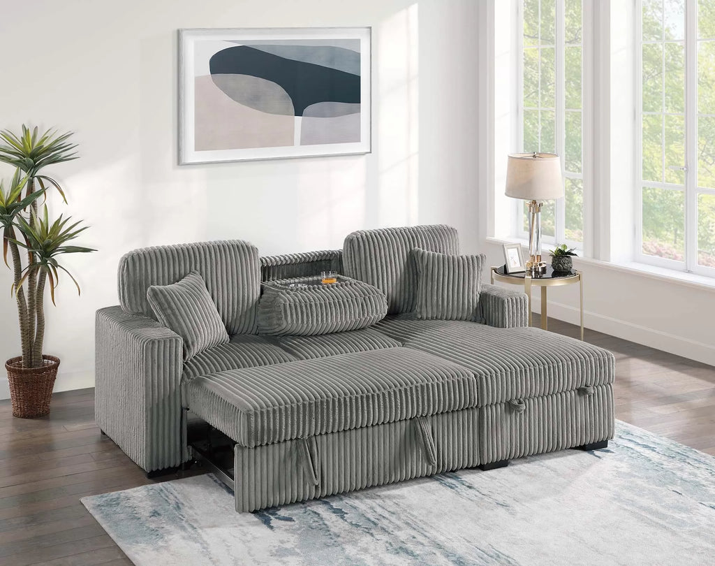 2-Piece Convertible Sectional – Sleeper Sofa W/Fold-Down Table & Chaise Storage – Smoke (F8551)