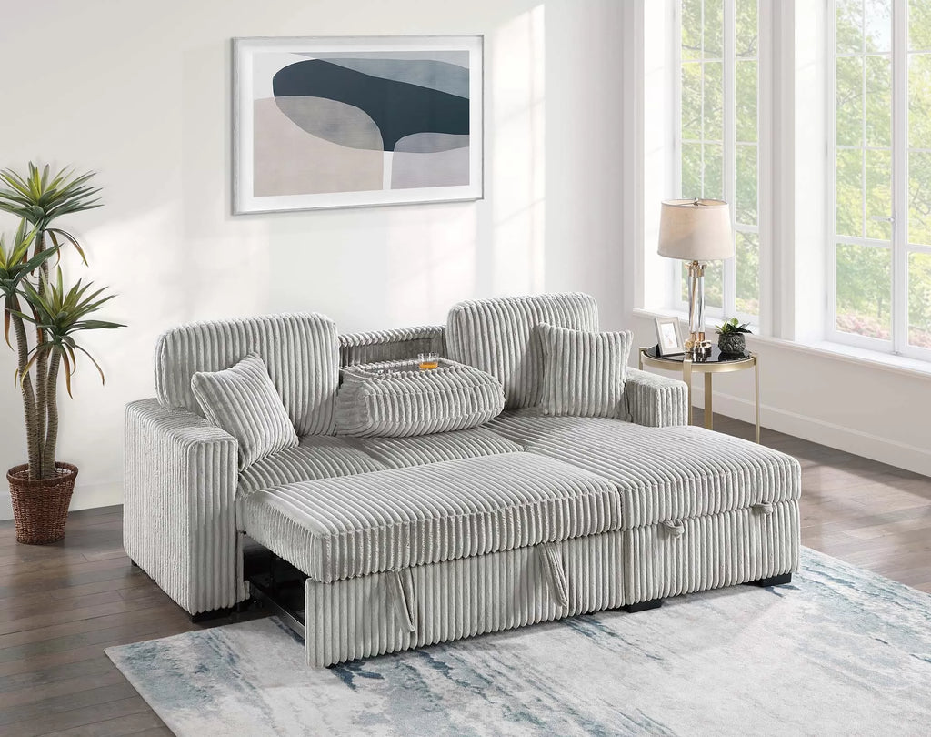 2-Piece Convertible Sectional – Sleeper Sofa W/Fold-Down Table & Chaise Storage – Ash (F8552)