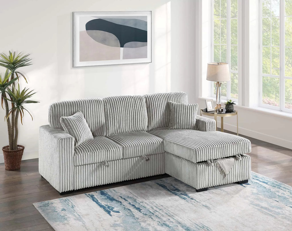 2-Piece Convertible Sectional – Sleeper Sofa W/Fold-Down Table & Chaise Storage – Ash (F8552)