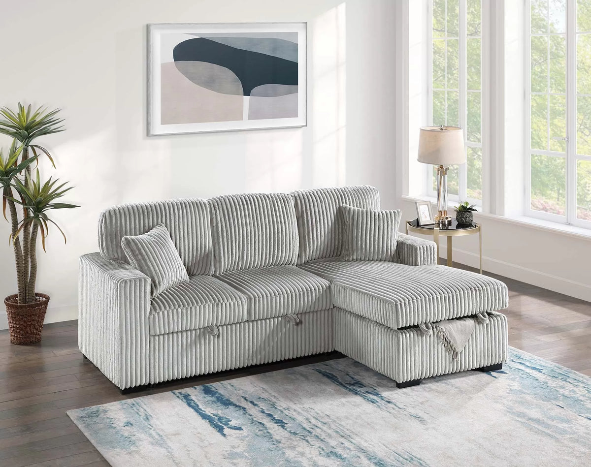 2-Piece Convertible Sectional – Sleeper Sofa W/Fold-Down Table & Chaise Storage – Ash (F8552)