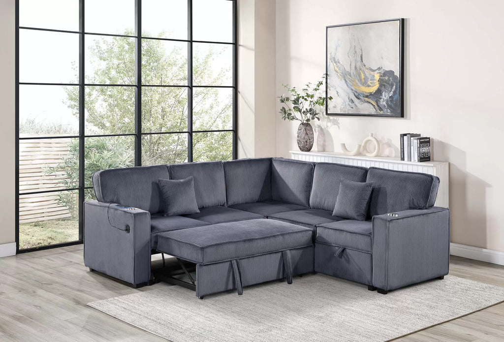 3-Piece Convertible Sectional – Sleeper Sofa W/Cupholder, Sofa Storage, & USB Ports – Dark Gray (F8555)