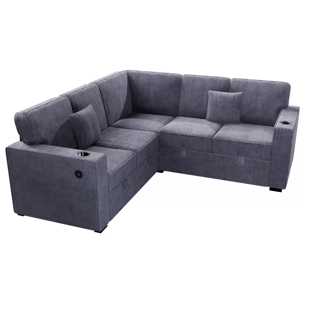 3-Piece Convertible Sectional – Sleeper Sofa W/Cupholder, Sofa Storage, & USB Ports – Dark Gray (F8555)