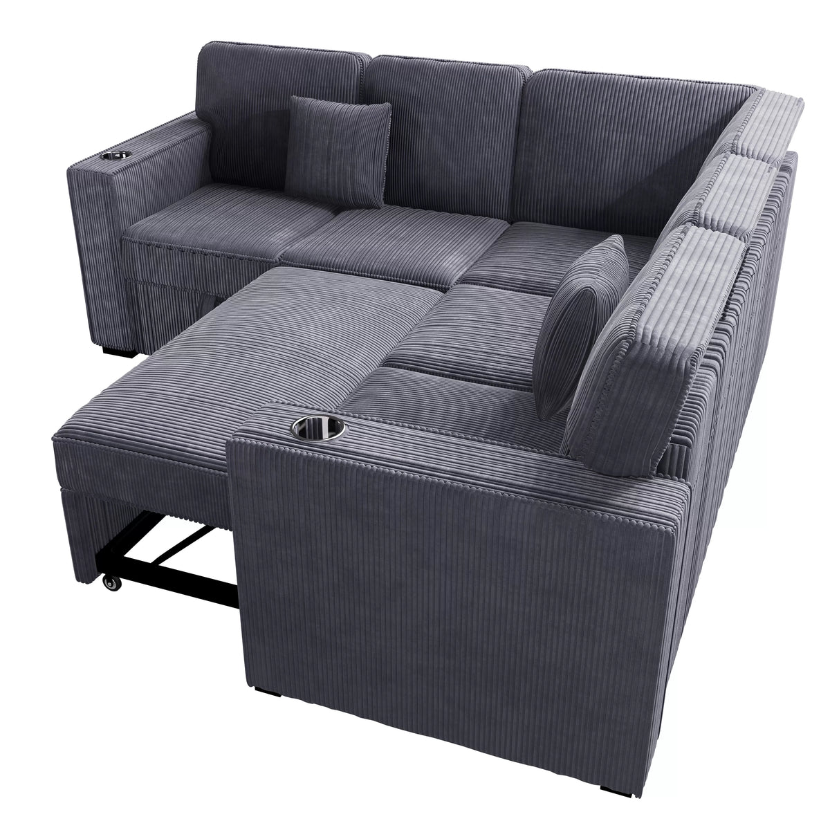 3-Piece Convertible Sectional – Sleeper Sofa W/Cupholder, Sofa Storage, & USB Ports – Dark Gray (F8555)