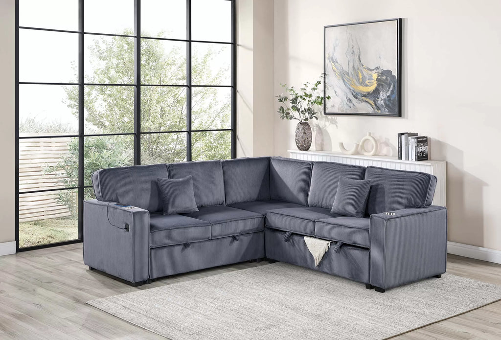 3-Piece Convertible Sectional – Sleeper Sofa W/Cupholder, Sofa Storage, & USB Ports – Dark Gray (F8555)