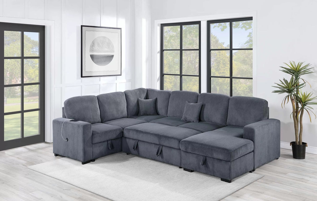4-Piece Convertible Sectional – Sleeper Sofa, Chaise Storage, Sofa Storage & USB Port – Dark Gray (F8559)