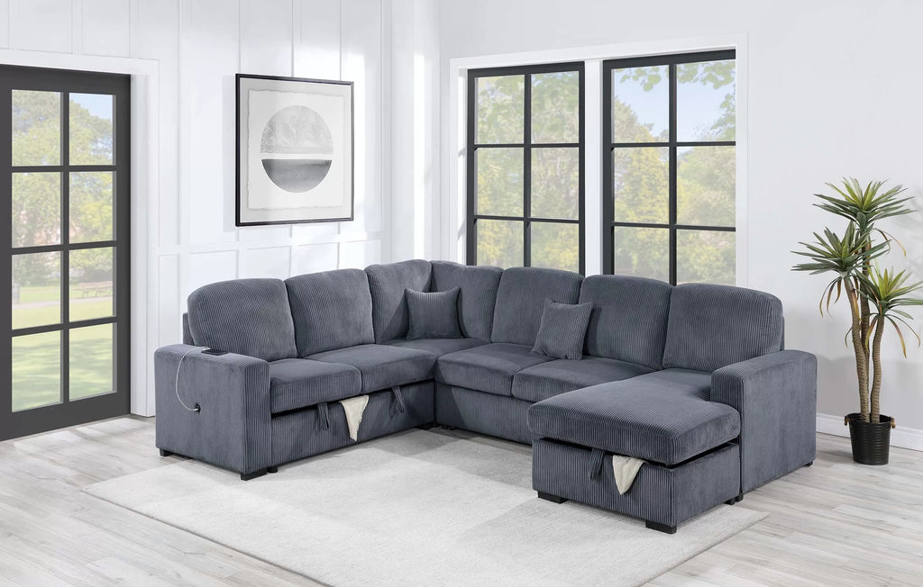 4-Piece Convertible Sectional – Sleeper Sofa, Chaise Storage, Sofa Storage & USB Port – Dark Gray (F8559)