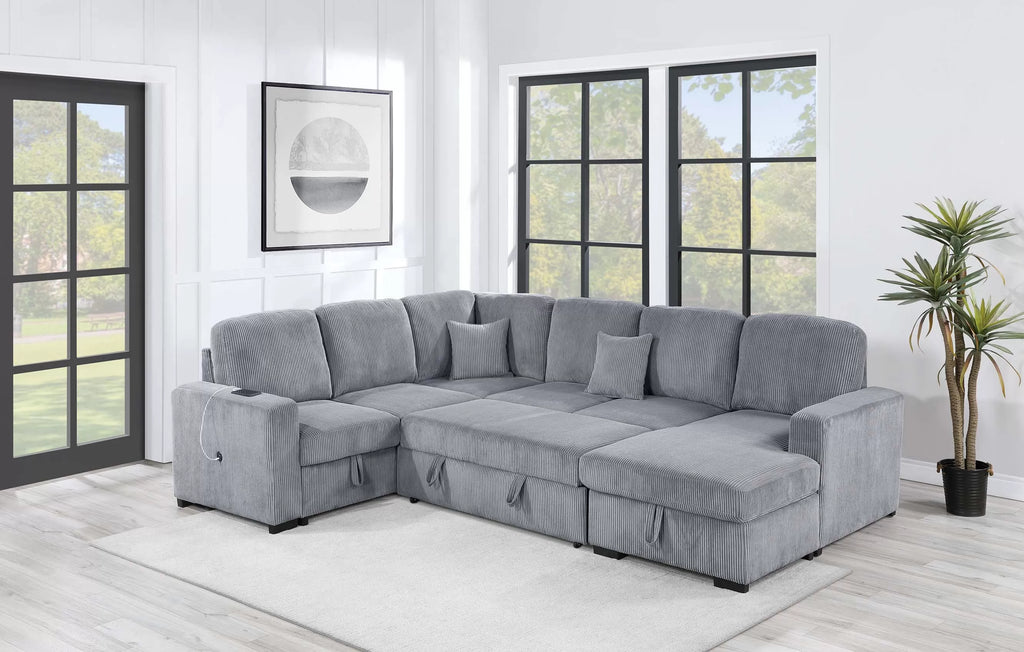 4-Piece Convertible Sectional – Sleeper Sofa, Chaise Storage, Sofa Storage & USB Port – Fog (F8560)
