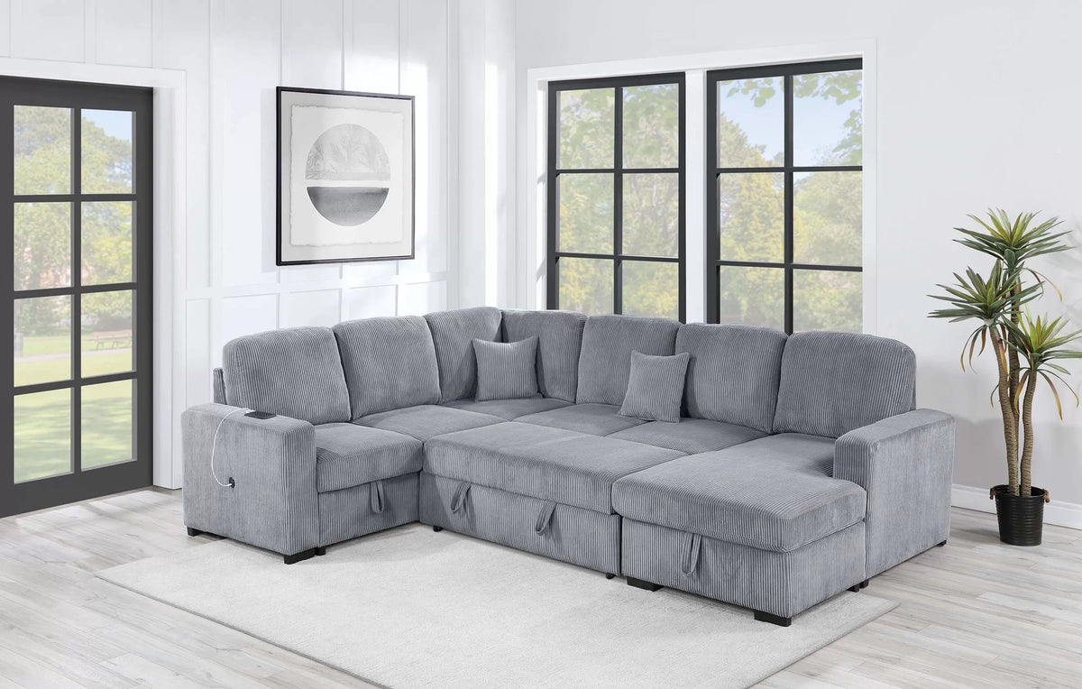 4-Piece Convertible Sectional – Sleeper Sofa, Chaise Storage, Sofa Storage & USB Port – Fog (F8560)