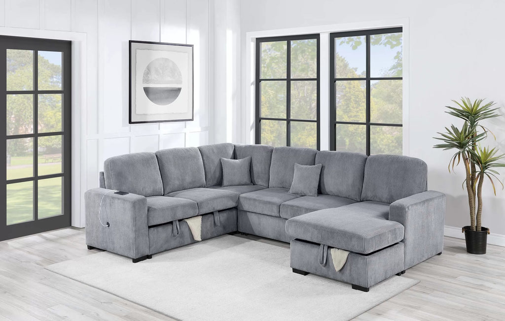 4-Piece Convertible Sectional – Sleeper Sofa, Chaise Storage, Sofa Storage & USB Port – Fog (F8560)