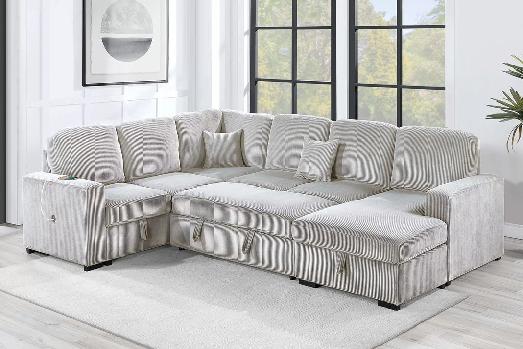 4-Piece Convertible Sectional – Sleeper Sofa, Chaise Storage, Sofa Storage & USB Port – Ivory (F8566)