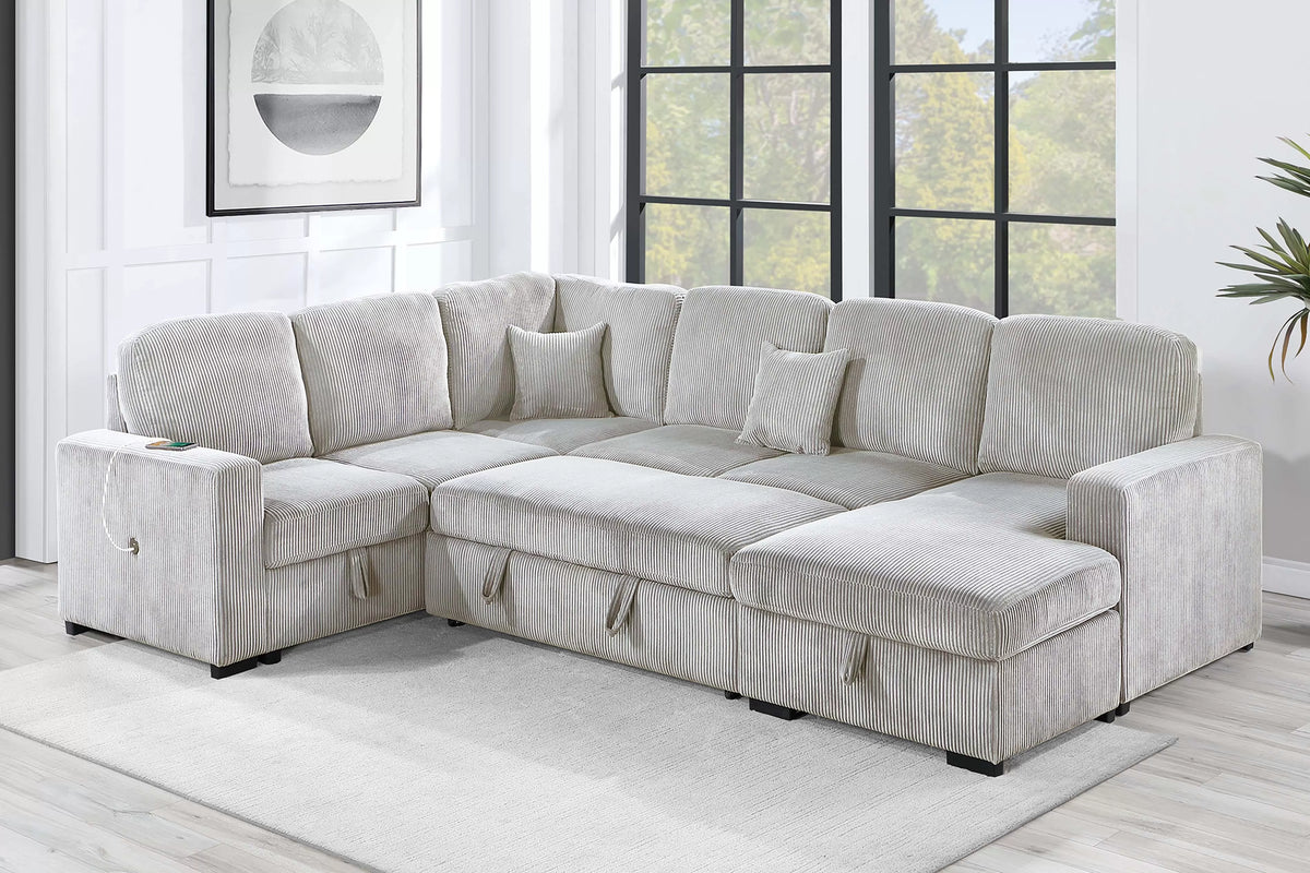 4-Piece Convertible Sectional – Sleeper Sofa, Chaise Storage, Sofa Storage & USB Port – Ivory (F8566)