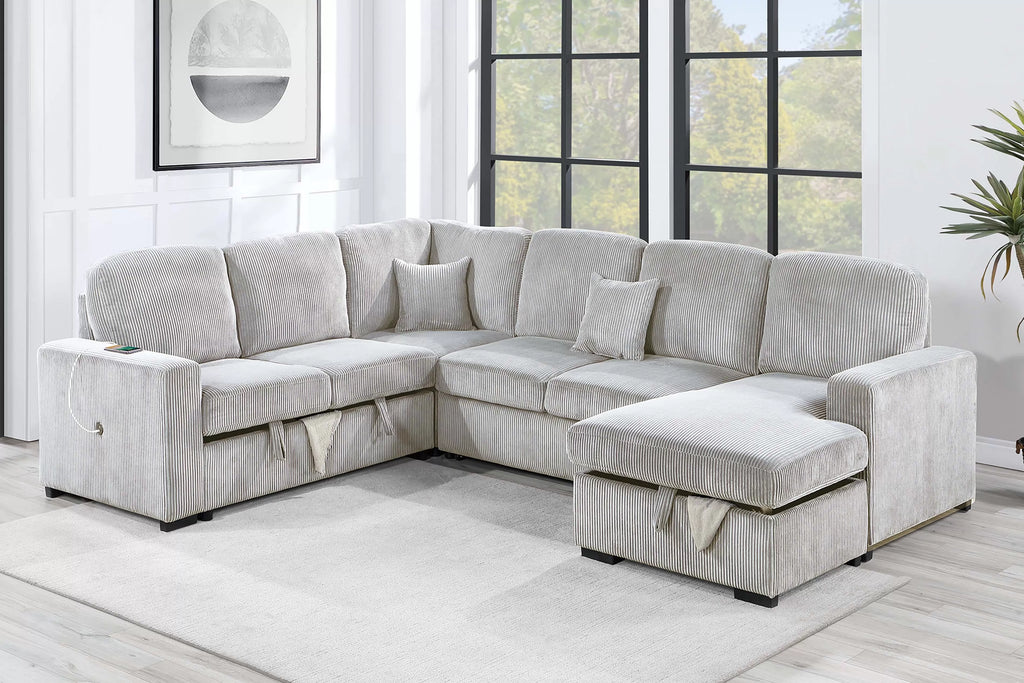 4-Piece Convertible Sectional – Sleeper Sofa, Chaise Storage, Sofa Storage & USB Port – Ivory (F8566)